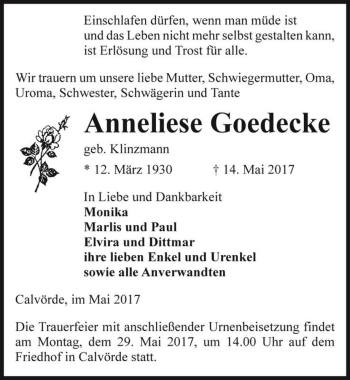 Traueranzeige von Anneliese Goedecke (geb. Klinzmann)  von Magdeburger Volksstimme