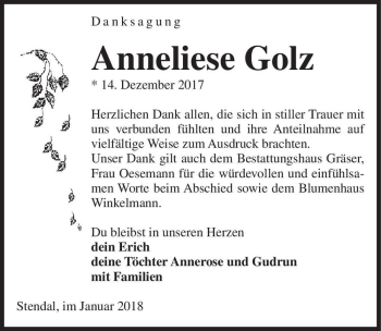 Traueranzeige von Anneliese Golz  von Magdeburger Volksstimme