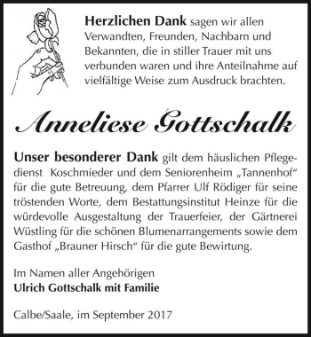 Traueranzeige von Anneliese Gottschalk  von Magdeburger Volksstimme
