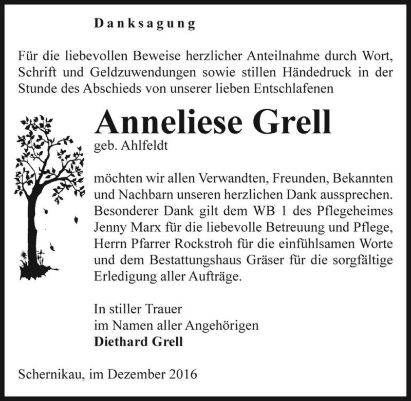  Traueranzeige für Anneliese Grell (geb. Ahlfeldt)  vom 03.12.2016 aus Magdeburger Volksstimme