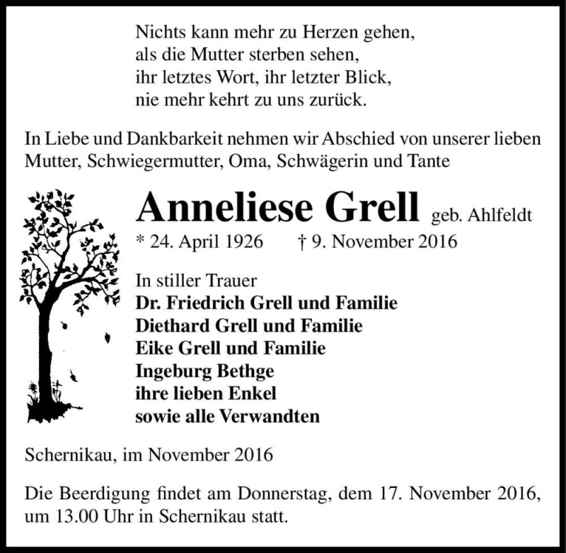  Traueranzeige für Anneliese Grell (geb. Ahlfeldt)  vom 12.11.2016 aus Magdeburger Volksstimme