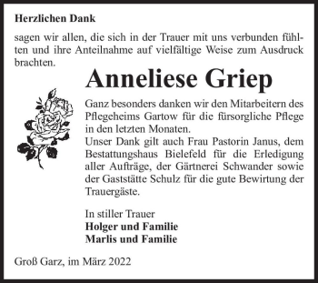 Traueranzeige von Anneliese Griep  von Magdeburger Volksstimme