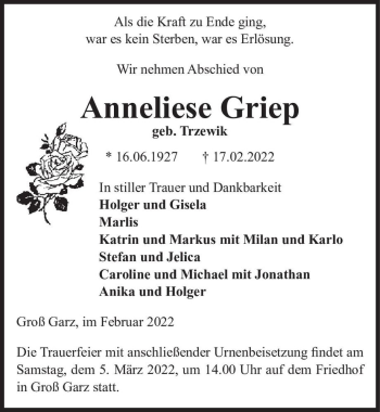 Traueranzeige von Anneliese Griep (geb. Trzewik)  von Magdeburger Volksstimme