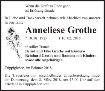 Traueranzeige von Anneliese Grothe  von Magdeburger Volksstimme
