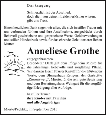 Traueranzeige von Anneliese Grothe  von Magdeburger Volksstimme