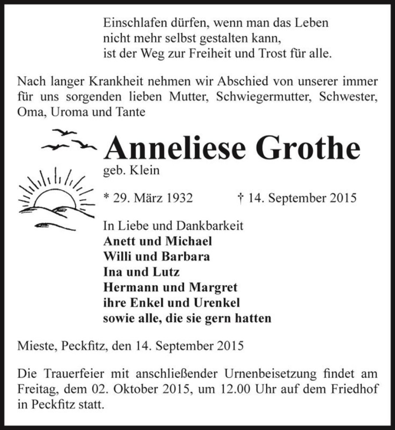  Traueranzeige für Anneliese Grothe (geb. Klein)  vom 16.09.2015 aus Magdeburger Volksstimme