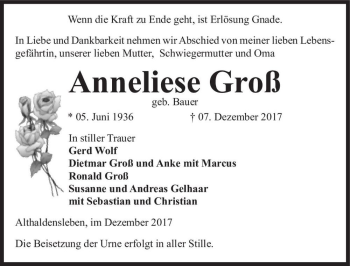 Traueranzeige von Anneliese Groß (geb. Bauer)  von Magdeburger Volksstimme