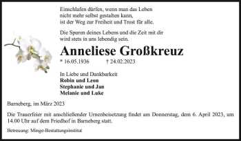 Traueranzeige von Anneliese Großkreuz  von Magdeburger Volksstimme