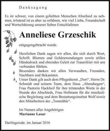 Traueranzeige von Anneliese Grzeschik  von Magdeburger Volksstimme