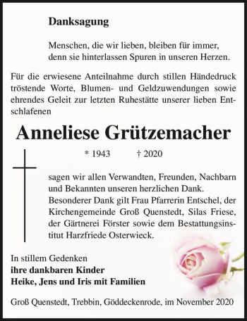 Traueranzeige von Anneliese Grützemacher  von Magdeburger Volksstimme