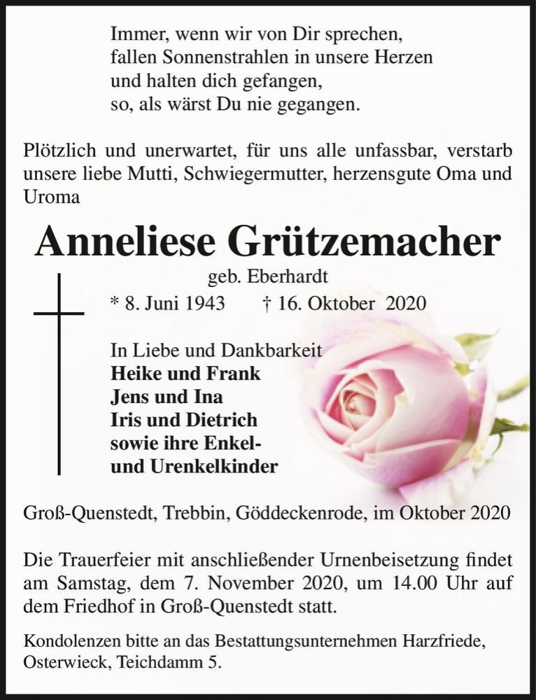  Traueranzeige für Anneliese Grützemacher (geb. Eberhardt)  vom 24.10.2020 aus Magdeburger Volksstimme