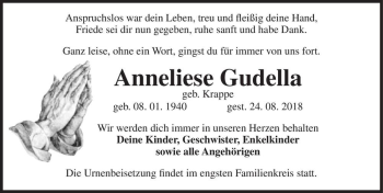 Traueranzeige von Anneliese Gudella (geb. Krappe)  von Magdeburger Volksstimme