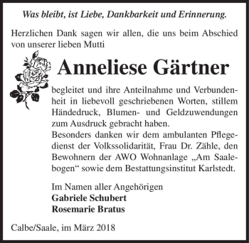 Traueranzeige von Anneliese Gärtner  von Magdeburger Volksstimme