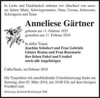 Traueranzeige von Anneliese Gärtner  von Magdeburger Volksstimme