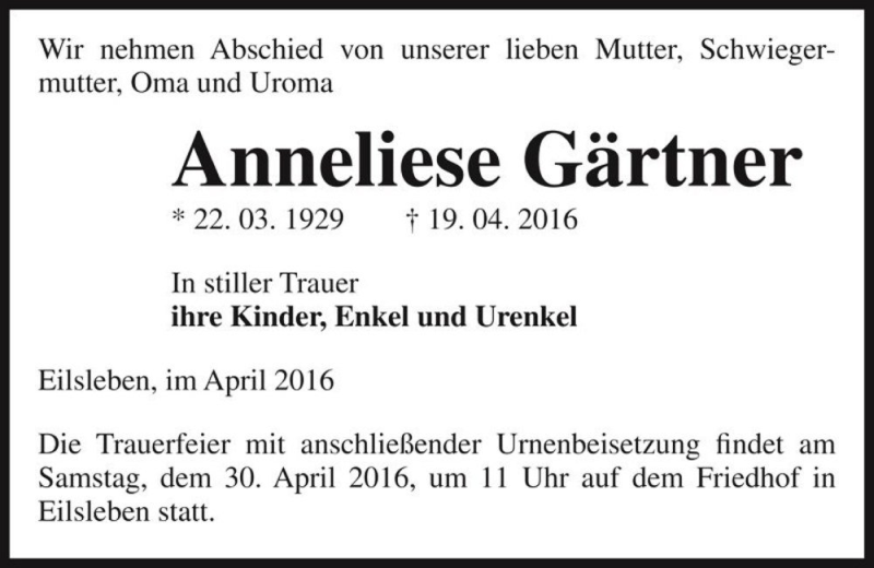  Traueranzeige für Anneliese Gärtner  vom 23.04.2016 aus Magdeburger Volksstimme