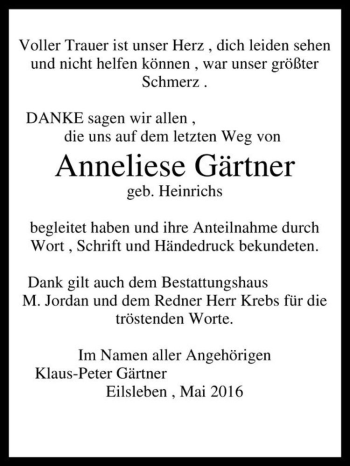 Traueranzeigen von Anneliese Gärtner (geb. Heinrichs) www.abschied