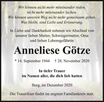 Traueranzeige von Anneliese Götze  von Magdeburger Volksstimme