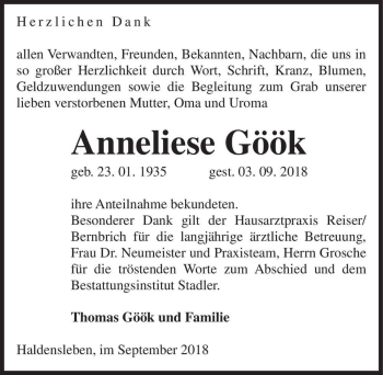 Traueranzeige von Anneliese Göök  von Magdeburger Volksstimme