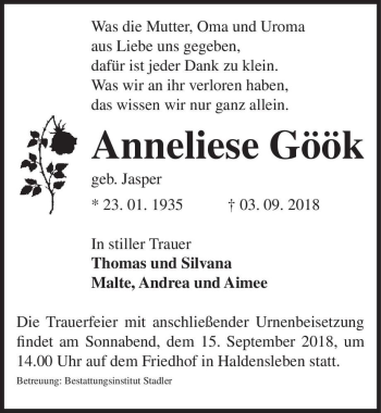 Traueranzeige von Anneliese Göök (geb. Jasper)  von Magdeburger Volksstimme