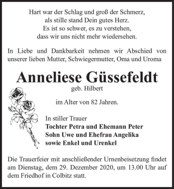 Traueranzeige von Anneliese Güssefeldt (geb. Hilbert)  von Magdeburger Volksstimme