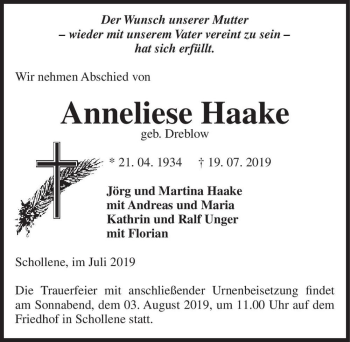 Traueranzeige von Anneliese Haake (geb. Dreblow)  von Magdeburger Volksstimme