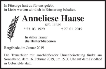 Traueranzeige von Anneliese Haase (geb. Teitge)  von Magdeburger Volksstimme
