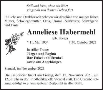 Traueranzeige von Anneliese Habermehl (geb. Seeger)  von Magdeburger Volksstimme