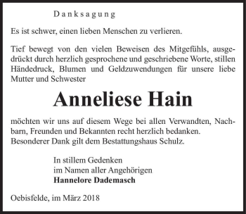 Traueranzeige von Anneliese Hain  von Magdeburger Volksstimme