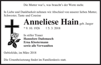 Traueranzeige von Anneliese Hain (geb. Jaeger)  von Magdeburger Volksstimme