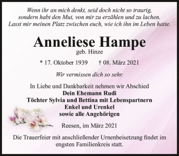Traueranzeige von Anneliese Hampe (geb. Hinze)  von Magdeburger Volksstimme