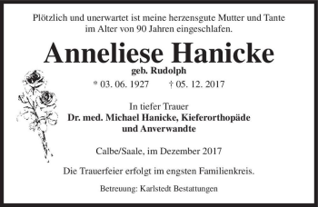 Traueranzeige von Anneliese Hanicke (geb. Rudolph)  von Magdeburger Volksstimme
