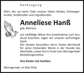 Traueranzeige von Anneliese Hanß (geb. Behrens)  von Magdeburger Volksstimme
