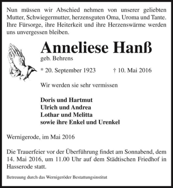 Traueranzeige von Anneliese Hanß (geb. Behrens)  von Magdeburger Volksstimme