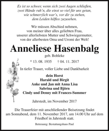 Traueranzeige von Anneliese Hasenbalg (geb. Bohleke)  von Magdeburger Volksstimme