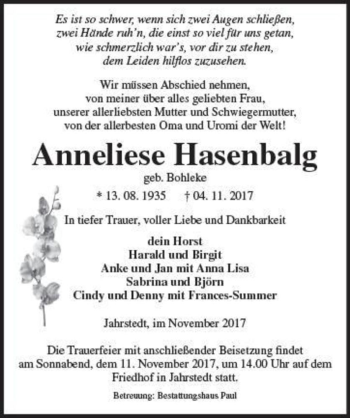 Traueranzeige von Anneliese Hasenbalg (geb. Bohleke)  von Magdeburger Volksstimme
