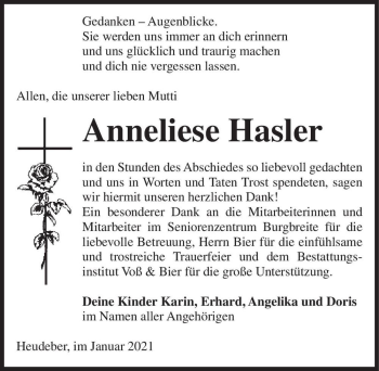Traueranzeige von Anneliese Hasler  von Magdeburger Volksstimme