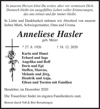 Traueranzeige von Anneliese Hasler (geb. Meier)  von Magdeburger Volksstimme