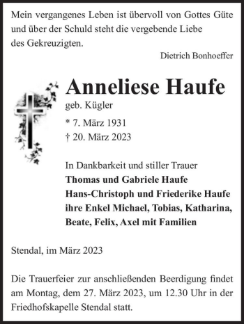 Traueranzeige von Anneliese Haufe (geb. Kügler)  von Magdeburger Volksstimme