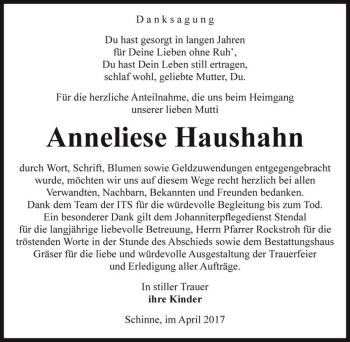 Traueranzeige von Anneliese Haushahn  von Magdeburger Volksstimme
