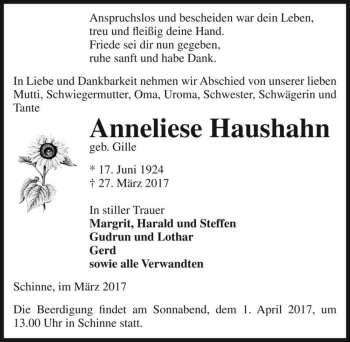 Traueranzeige von Anneliese Haushahn (geb. Gille)  von Magdeburger Volksstimme