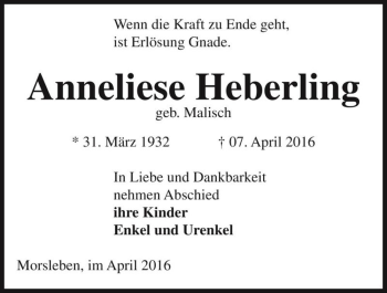 Traueranzeige von Anneliese Heberling (geb. Malisch)  von Magdeburger Volksstimme