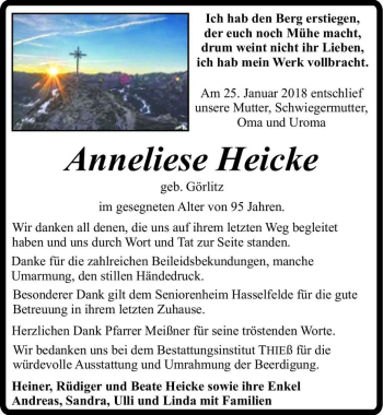Traueranzeige von Anneliese Heicke (geb. Görlitz)  von Magdeburger Volksstimme