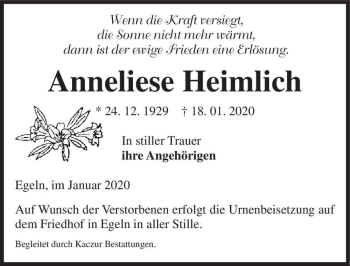 Traueranzeige von Anneliese Heimlich  von Magdeburger Volksstimme