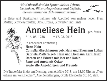 Traueranzeige von Anneliese Hein (geb. Sroka)  von Magdeburger Volksstimme