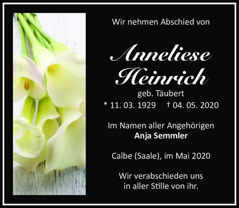  Traueranzeige für Anneliese Heinrich (geb. Täubert)  vom 09.05.2020 aus Magdeburger Volksstimme