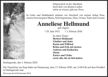 Traueranzeige von Anneliese Hellmund (geb. Eggert)  von Magdeburger Volksstimme