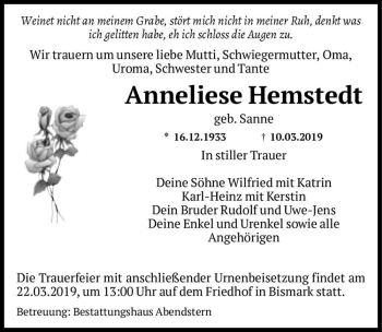 Traueranzeige von Anneliese Hemstedt (geb. Sanne)  von Magdeburger Volksstimme