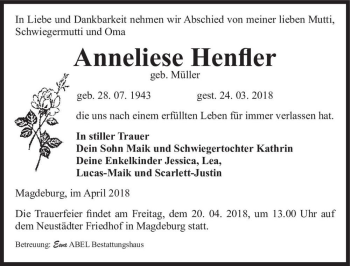 Traueranzeige von Anneliese Henfler (geb. Müller)  von Magdeburger Volksstimme
