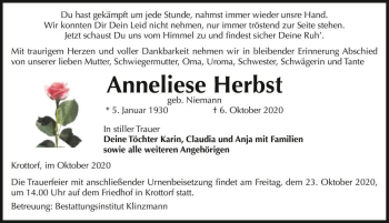 Traueranzeige von Anneliese Herbst (geb. Niemann)  von Magdeburger Volksstimme