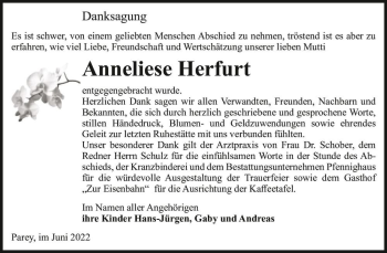 Traueranzeige von Anneliese Herfurt  von Magdeburger Volksstimme